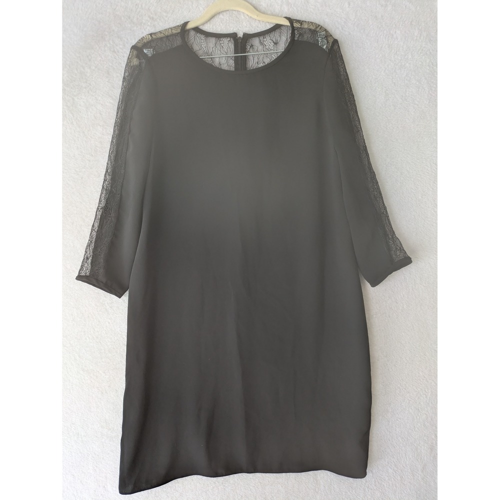 Calvin Klein Shift Dress Women's 14 Black Lace Panel Shoulder 3/4 Sleeve Zip